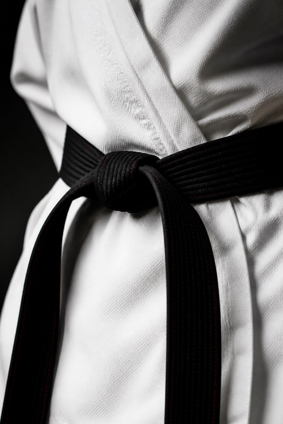 Close-up of a black belt tied over a white taekwondo uniform